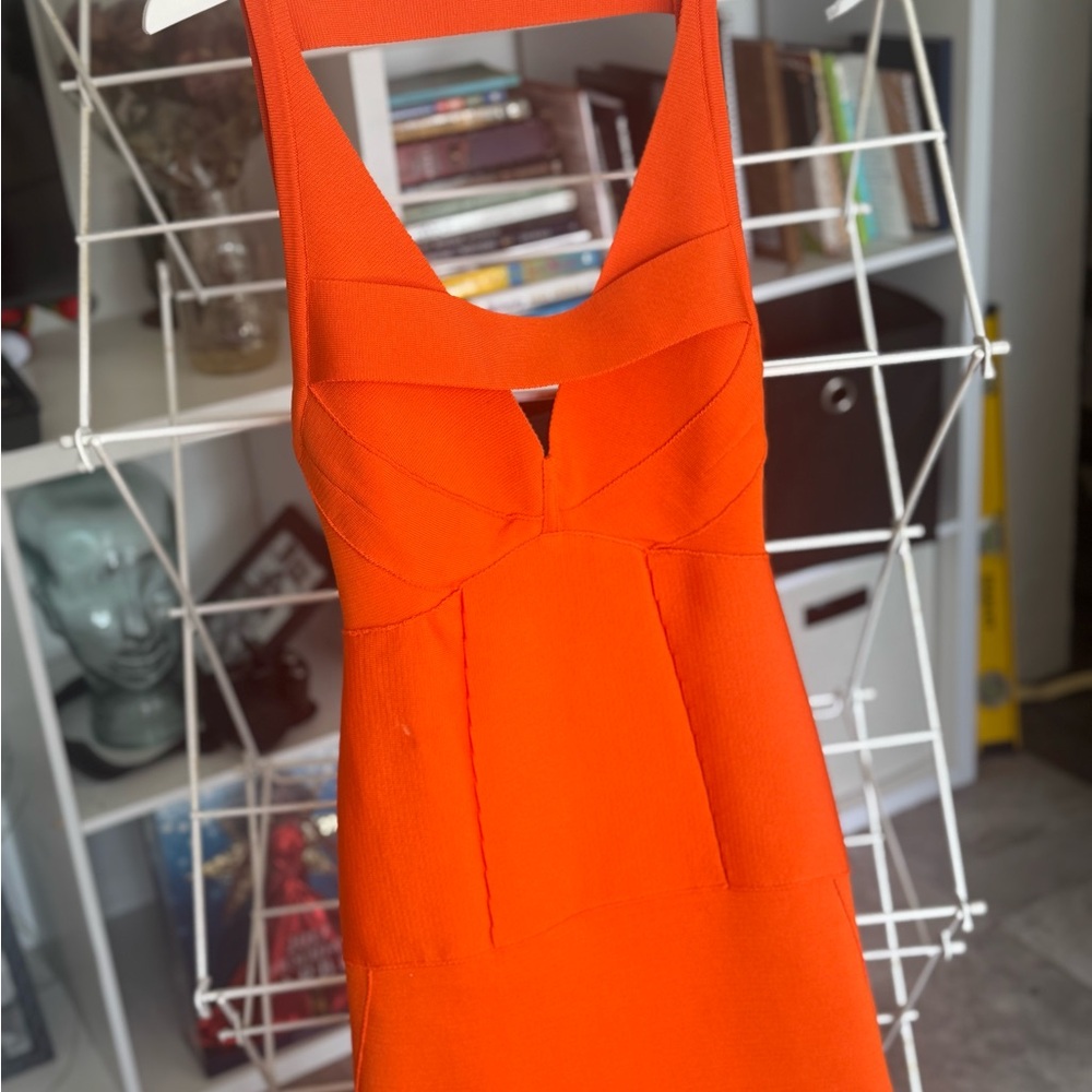 Orange Sheath Cocktail Dress with Plunge Neckline